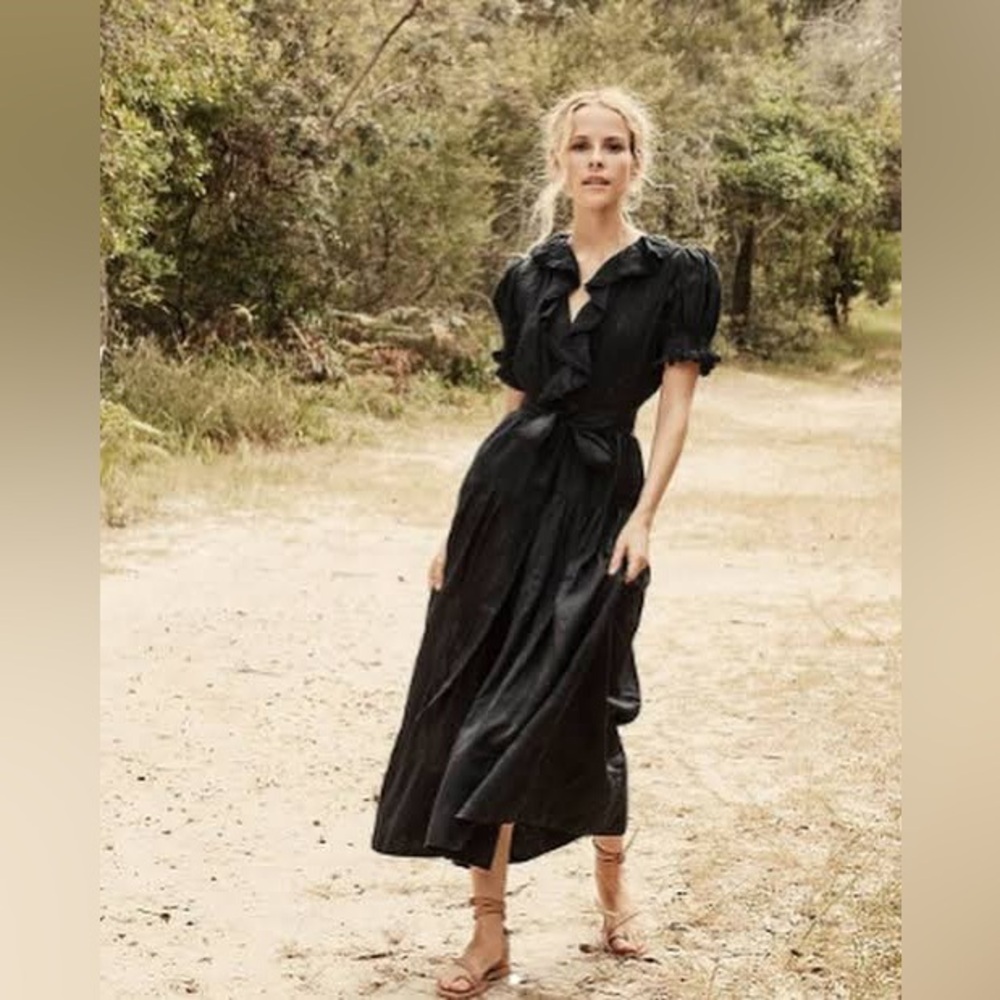 Doen Black Puff-Sleeve Midi Dress